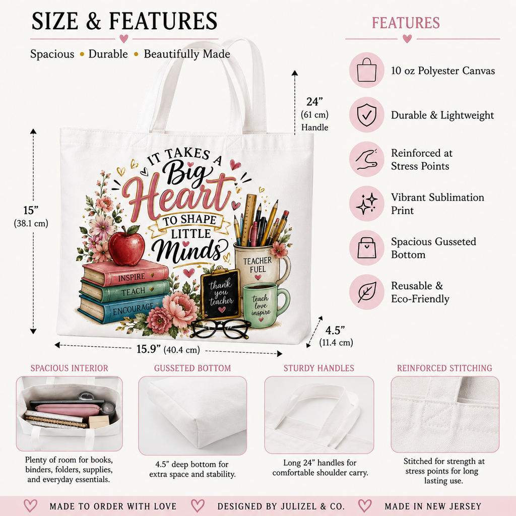It Takes a Big Heart teacher tote size and features guide