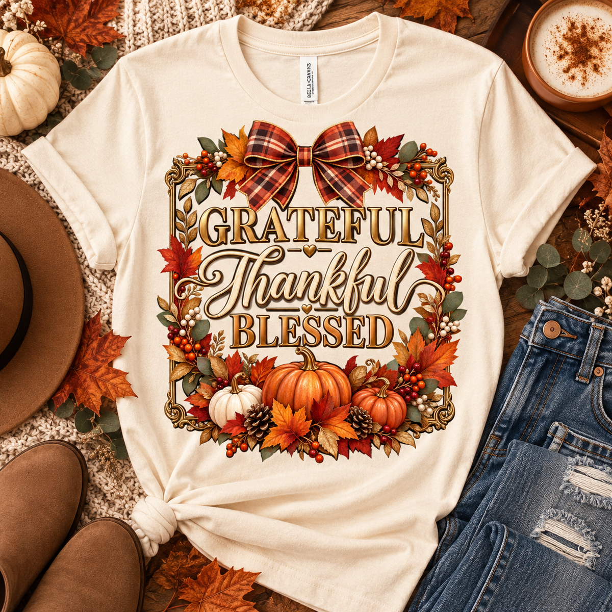 Grateful Thankful Blessed autumn tee hero mockup