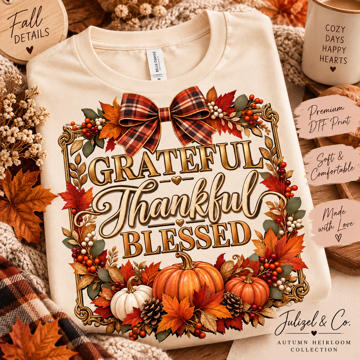Grateful Thankful Blessed autumn tee design close-up
