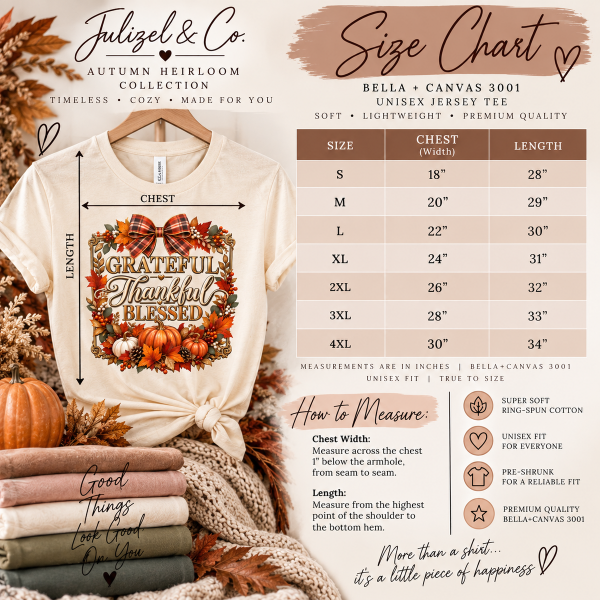 Bella Canvas 3001 autumn tee size chart