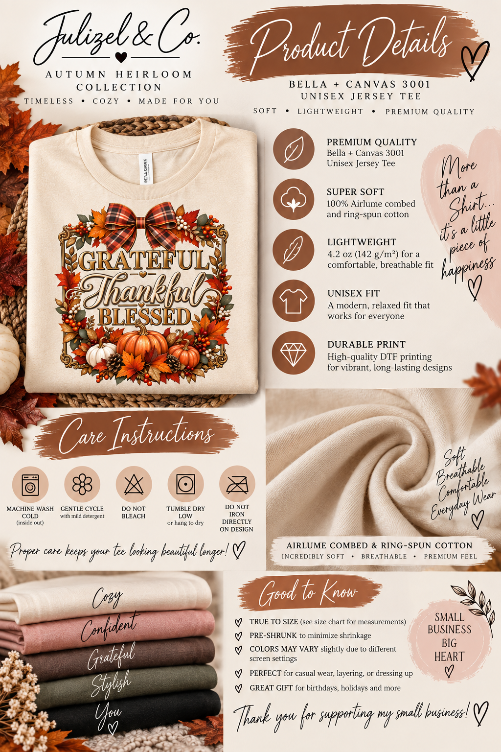 Bella Canvas 3001 autumn tee product details and care