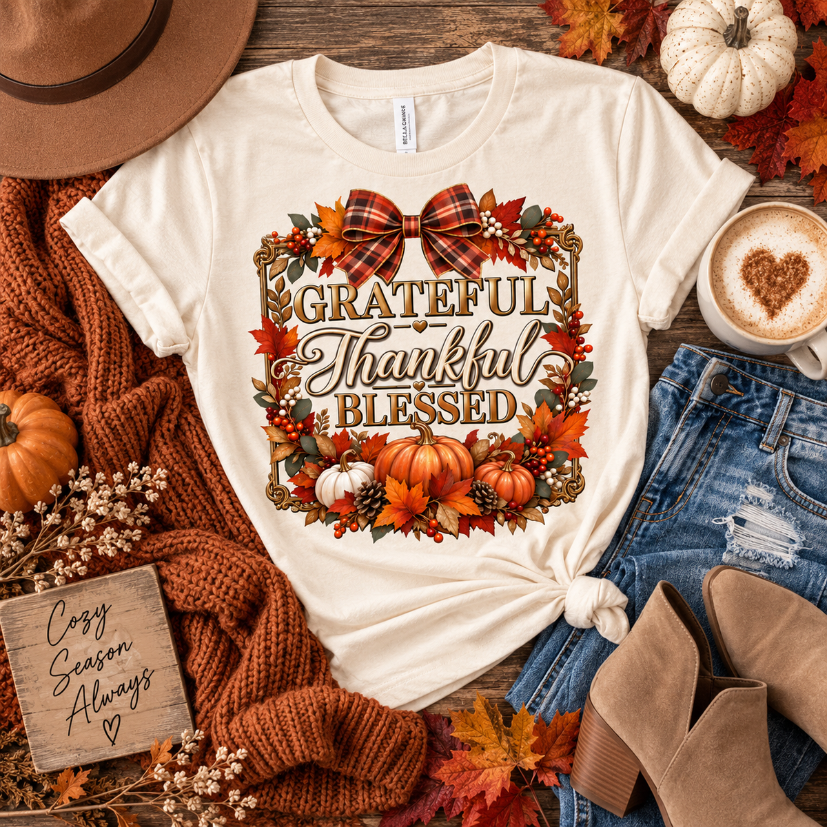 Grateful Thankful Blessed autumn tee styled flat lay