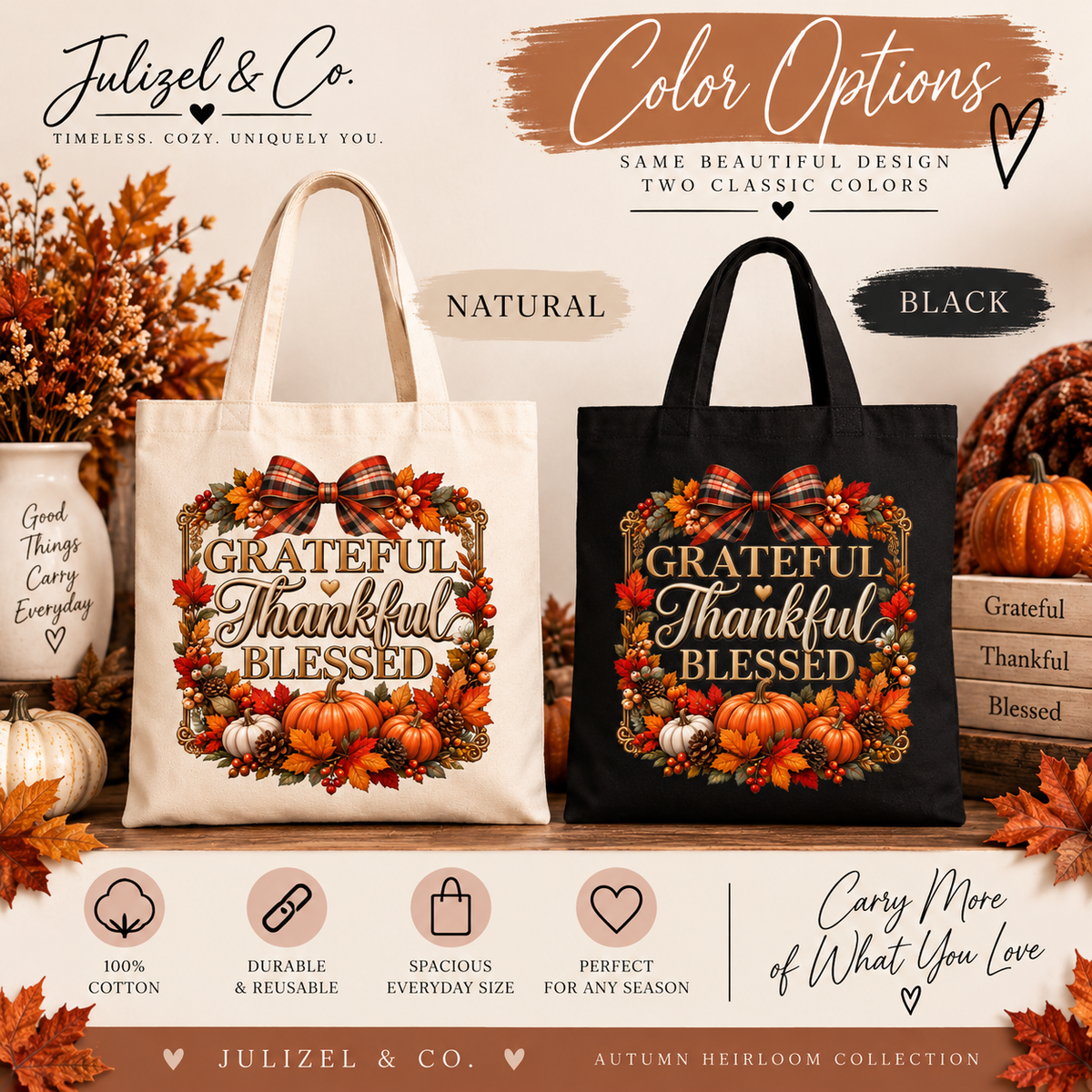 Grateful Thankful Blessed tote color options