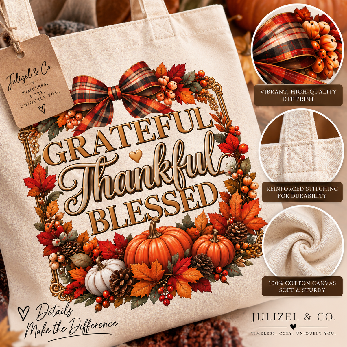 Grateful Thankful Blessed tote design close-up