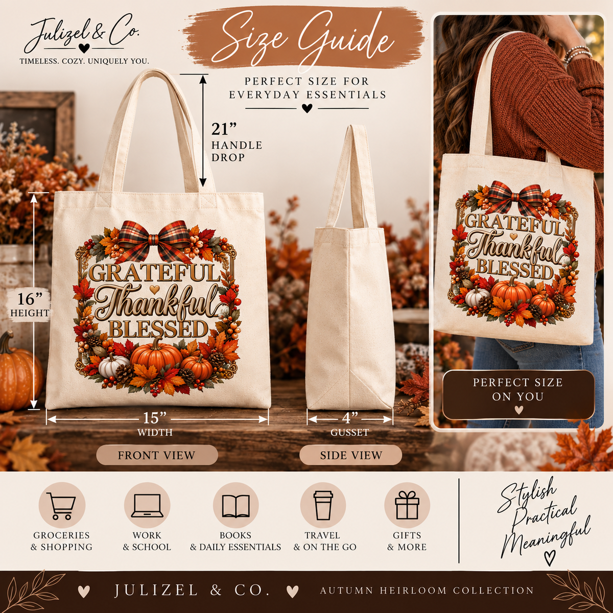 Grateful Thankful Blessed tote size guide