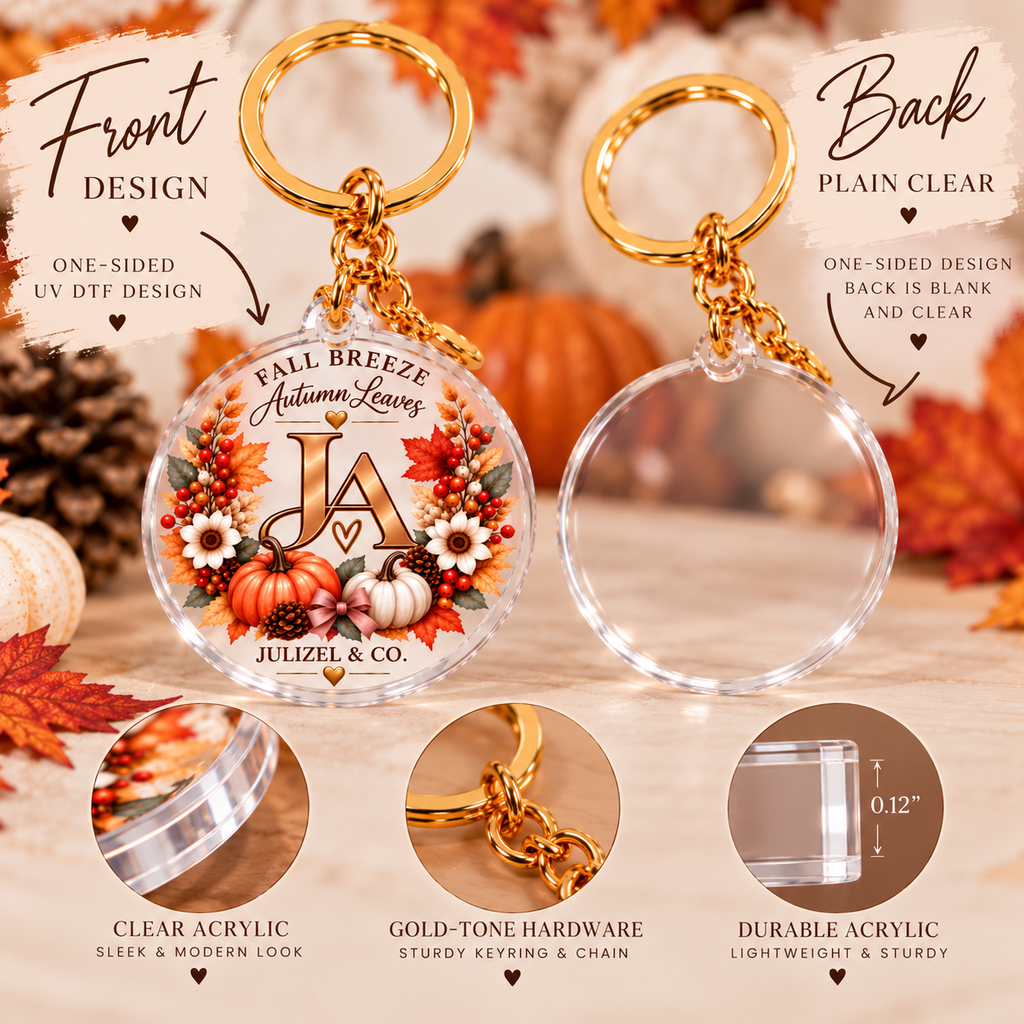 Fall Breeze Autumn Leaves keychain front and plain clear back