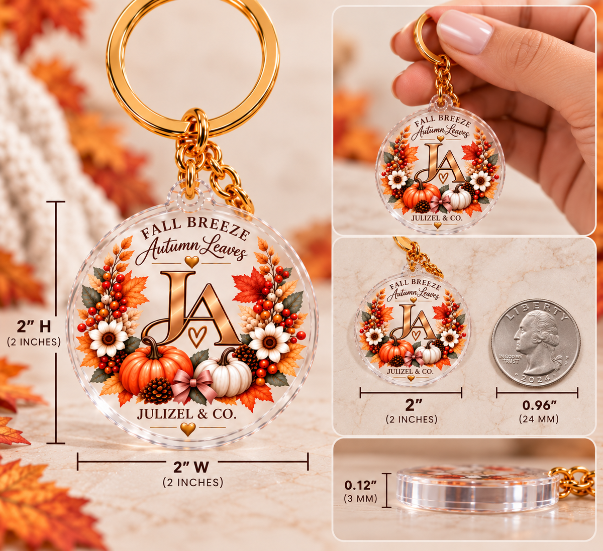 2 inch Fall Breeze Autumn Leaves acrylic keychain size guide