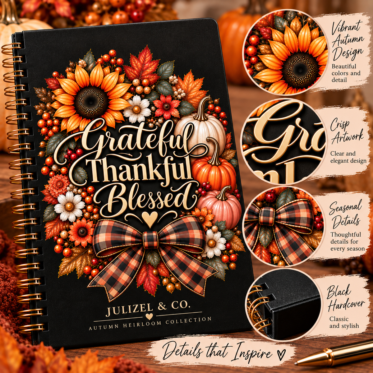 Design details - Grateful Thankful Blessed Autumn Heirloom spiral notebook