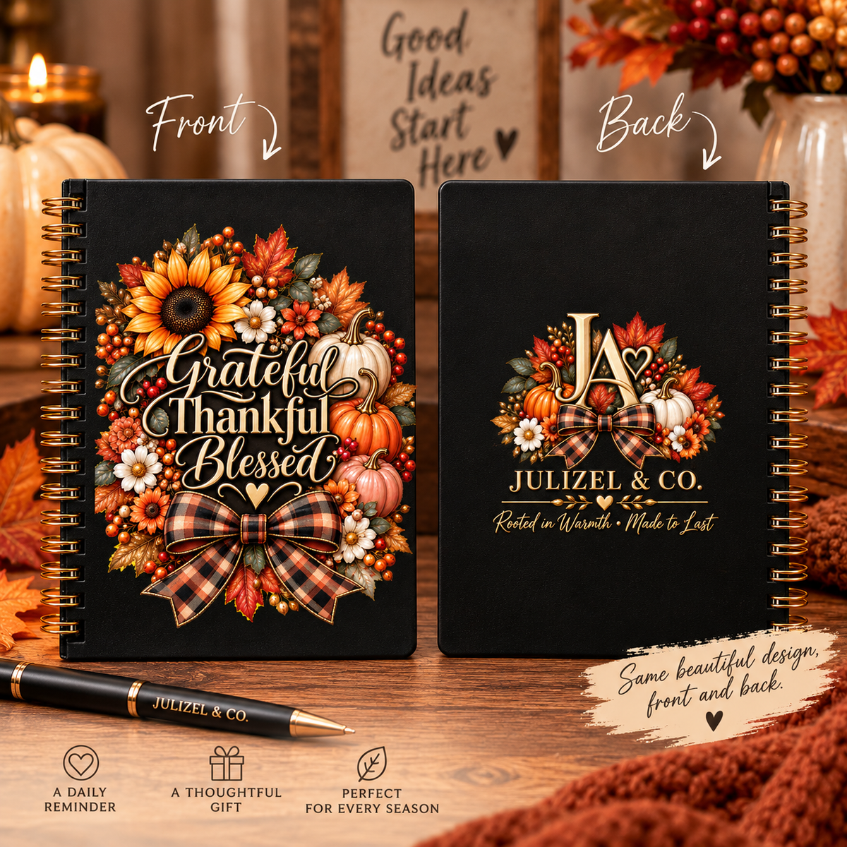 Front and back - Grateful Thankful Blessed Autumn Heirloom spiral notebook