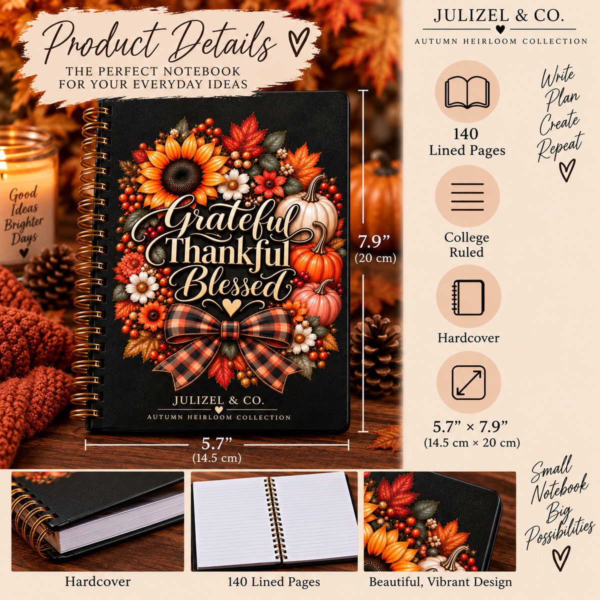 Product details - Grateful Thankful Blessed Autumn Heirloom spiral notebook