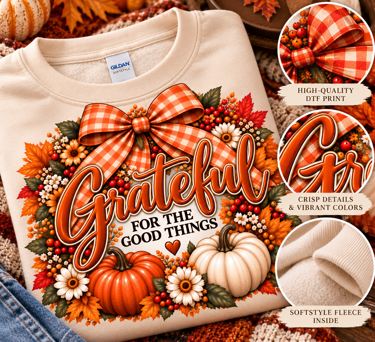 Grateful for the Good Things crewneck print and fleece details