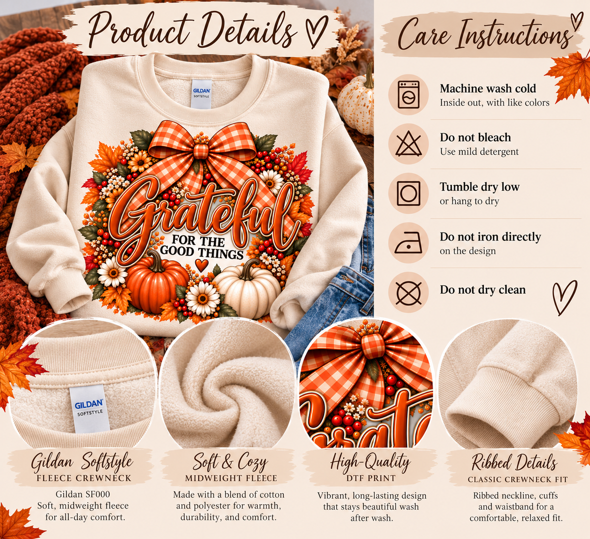 Grateful for the Good Things crewneck product details and care instructions