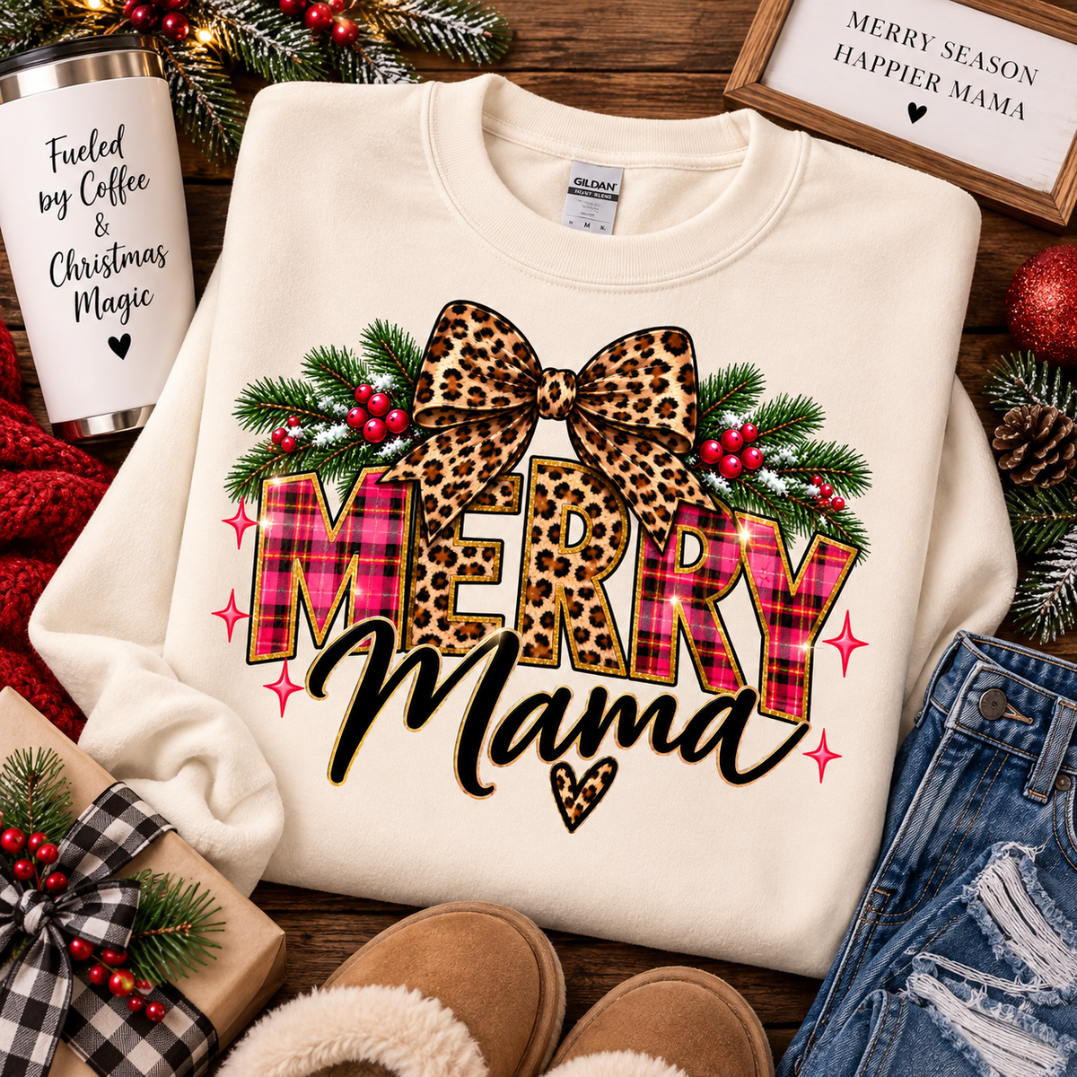 Merry Mama crewneck holiday flat lay