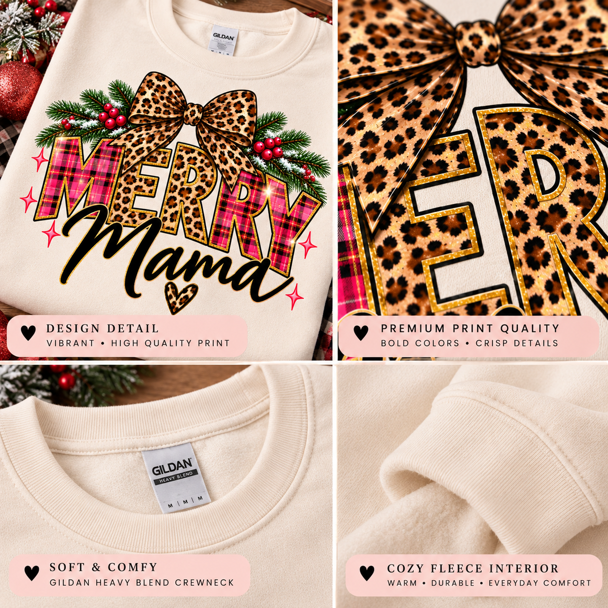 Merry Mama crewneck design close-up