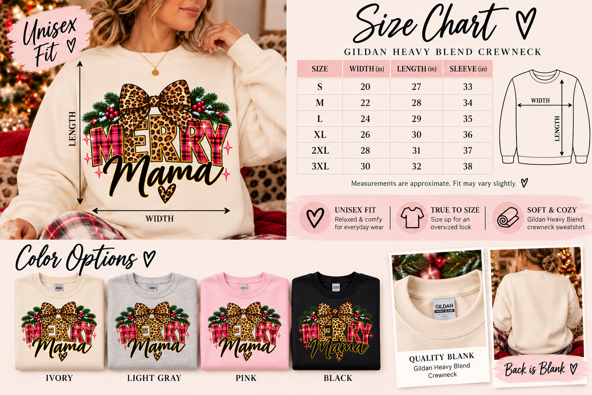 Merry Mama crewneck size chart S to 3XL