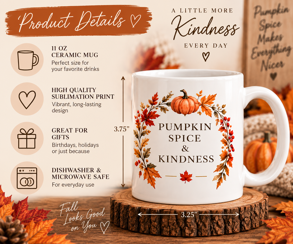 Pumpkin Spice & Kindness 11 oz ceramic mug - Product details