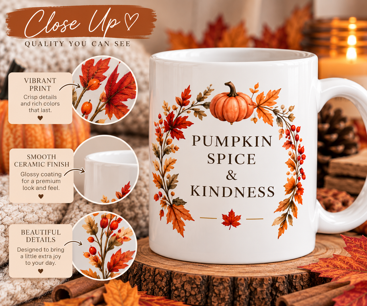 Pumpkin Spice & Kindness 11 oz ceramic mug - Design close-up
