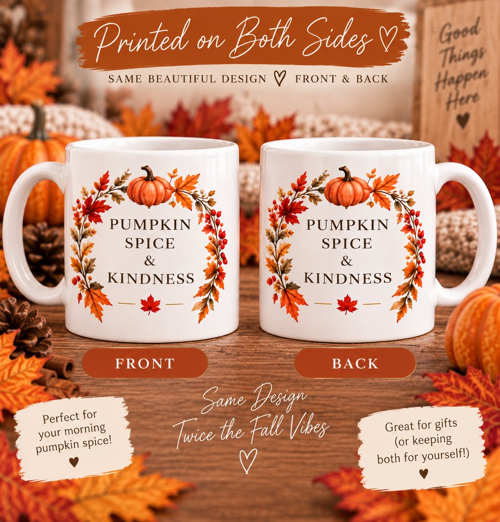 Pumpkin Spice & Kindness 11 oz ceramic mug - Front and back two-sided print