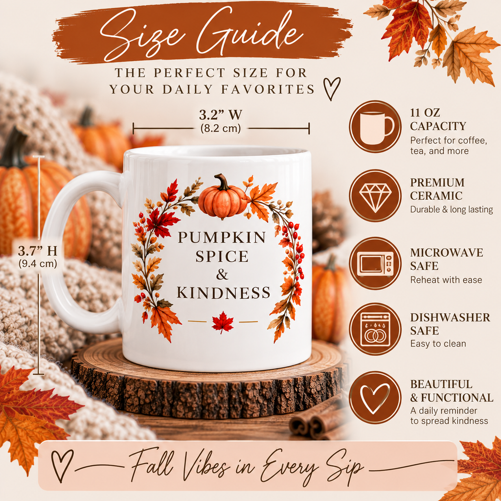 Pumpkin Spice & Kindness 11 oz ceramic mug - 11 oz size guide