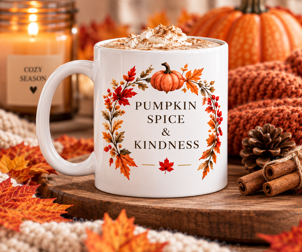 Pumpkin Spice & Kindness 11 oz ceramic mug - Autumn lifestyle