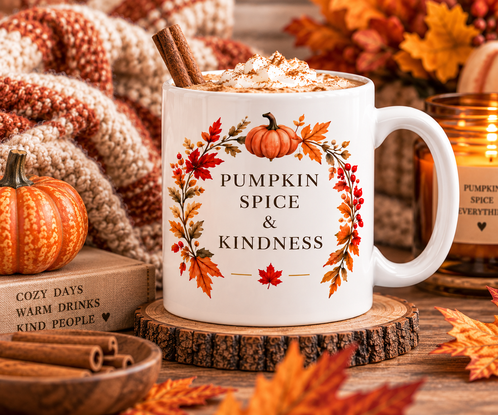 Pumpkin Spice & Kindness 11 oz ceramic mug - Cozy lifestyle