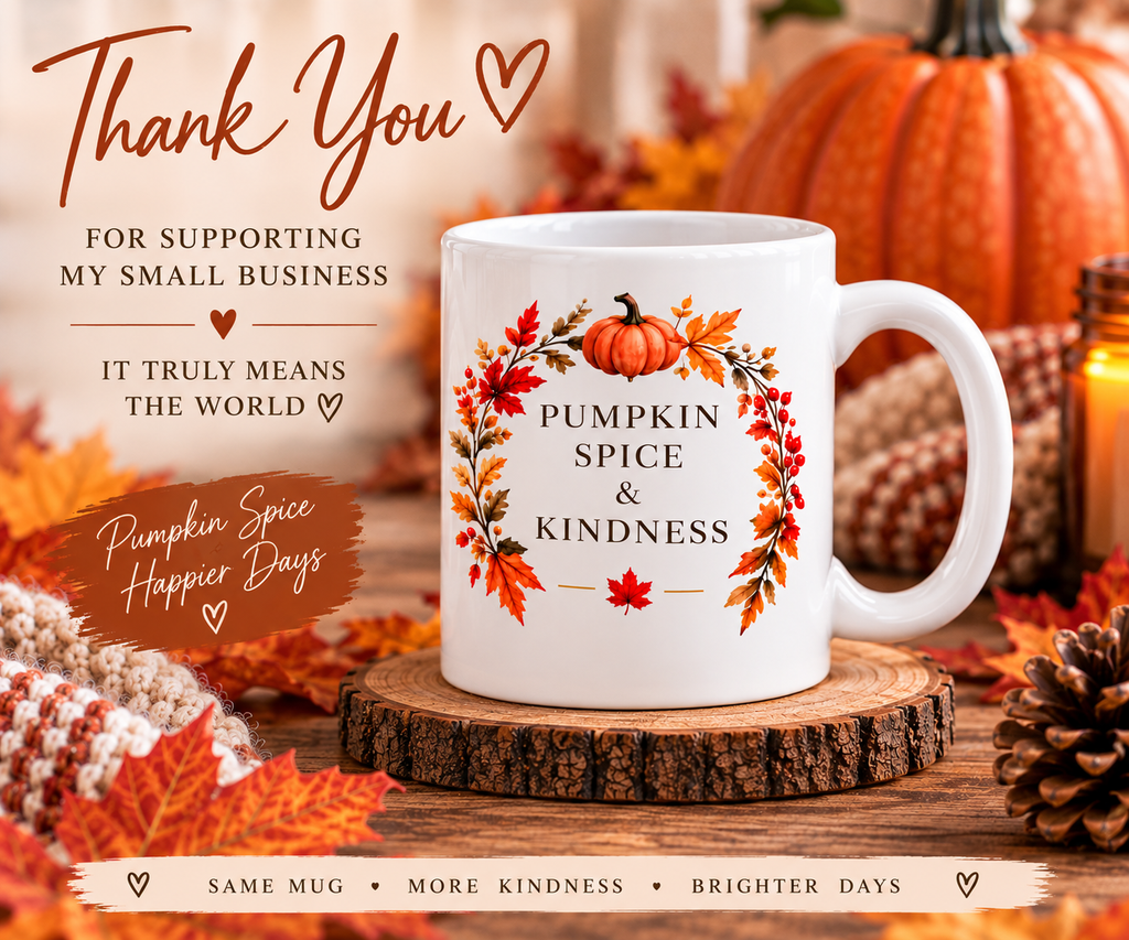 Pumpkin Spice & Kindness 11 oz ceramic mug - Small business thank you