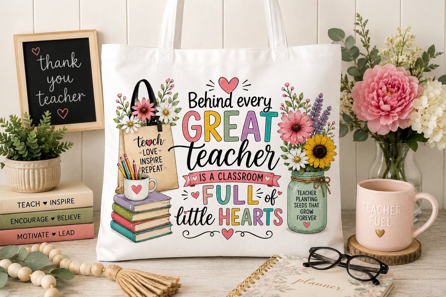 Behind Every Great Teacher classroom full of little hearts teacher tote bag