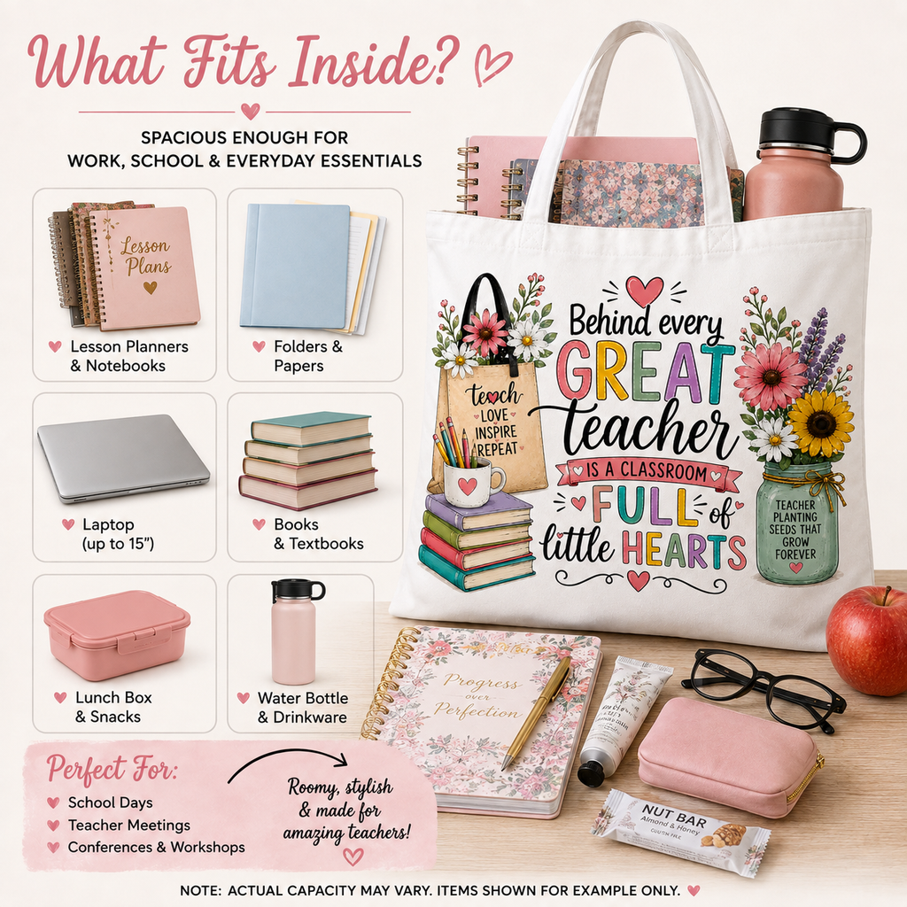 What fits inside the spacious Behind Every Great Teacher teacher tote
