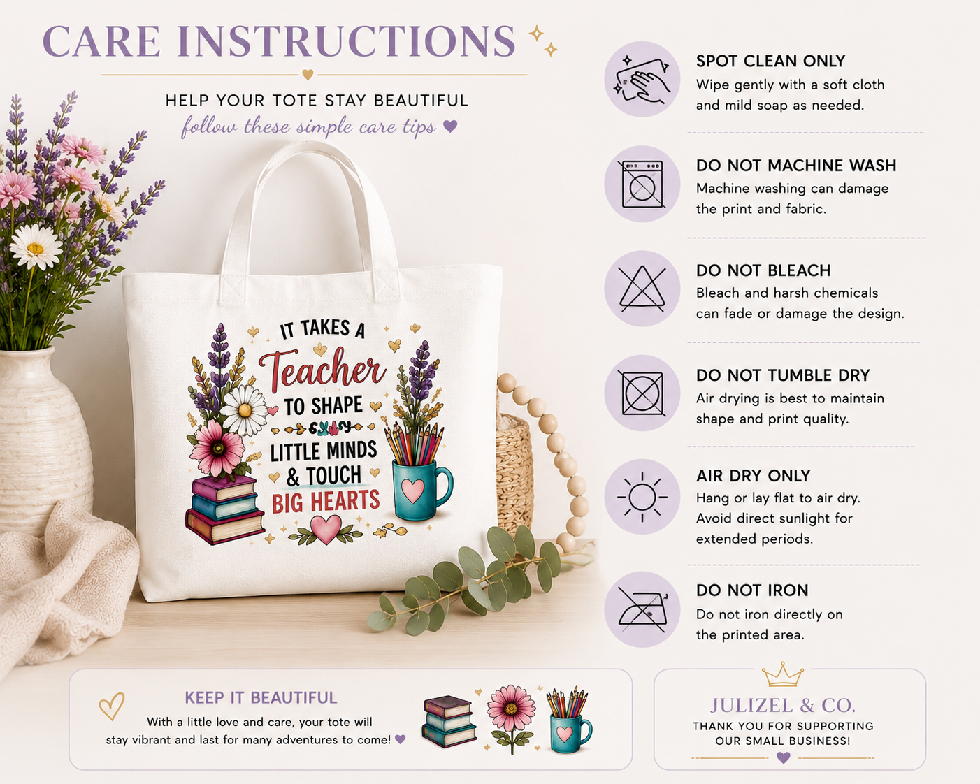 Care instructions for Julizel & Co. sublimation teacher tote