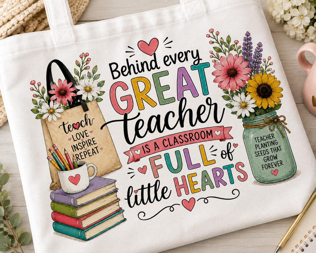 Close-up of Behind Every Great Teacher tote artwork and floral details