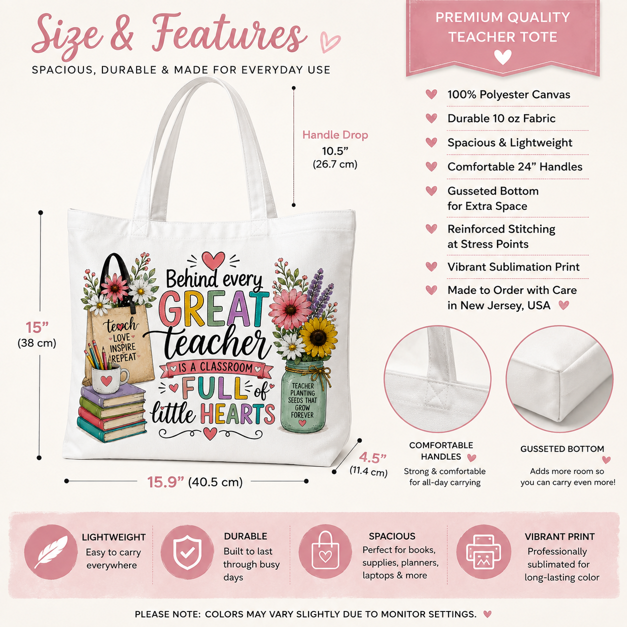 Behind Every Great Teacher tote bag size dimensions and product features
