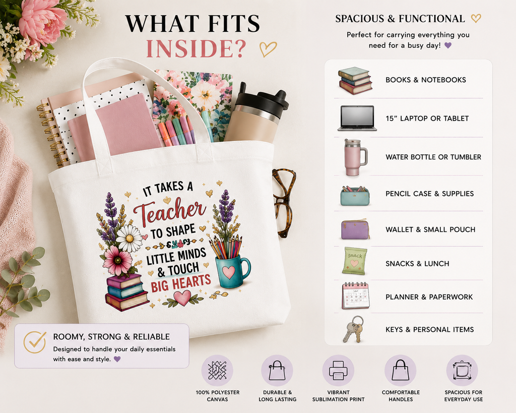 Teacher tote filled with books, planner, tablet and everyday essentials