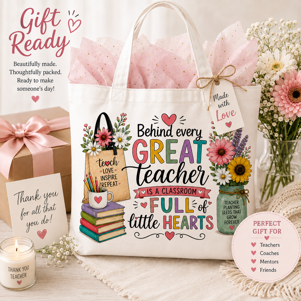 Gift-ready Behind Every Great Teacher tote bag presentation