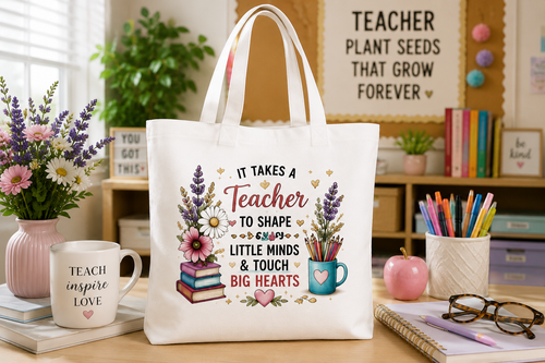 Teacher appreciation tote bag styled in a classroom setting