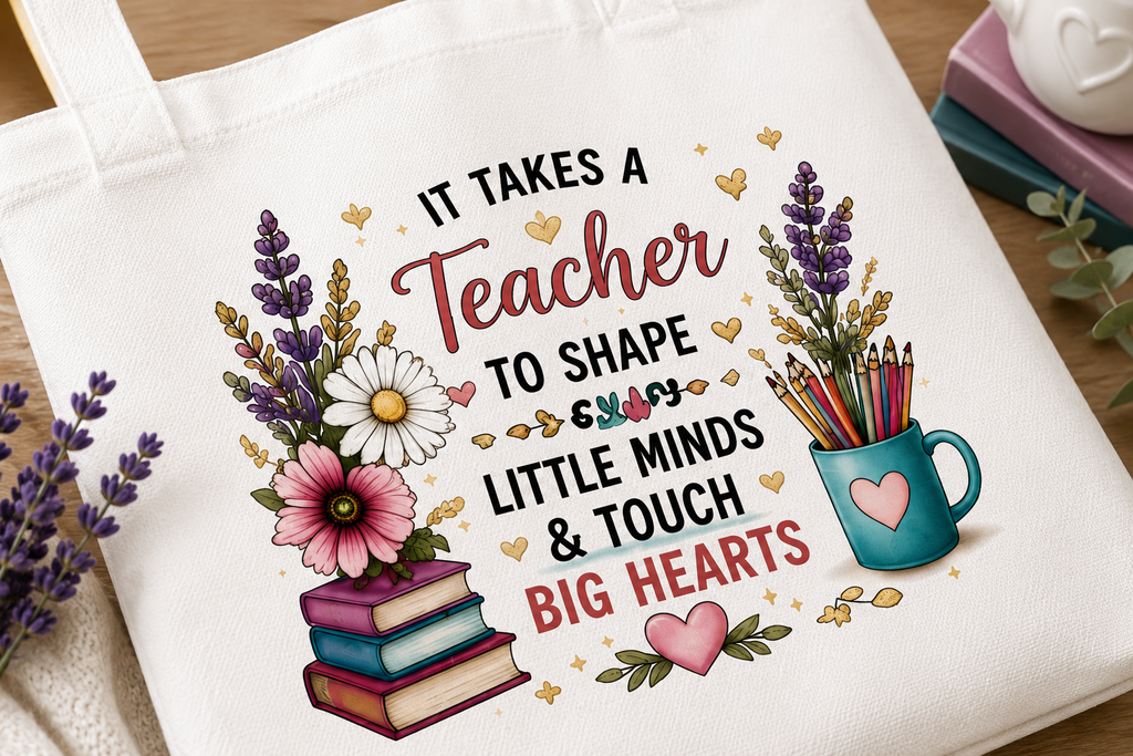 Close-up of floral It Takes a Teacher tote bag design
