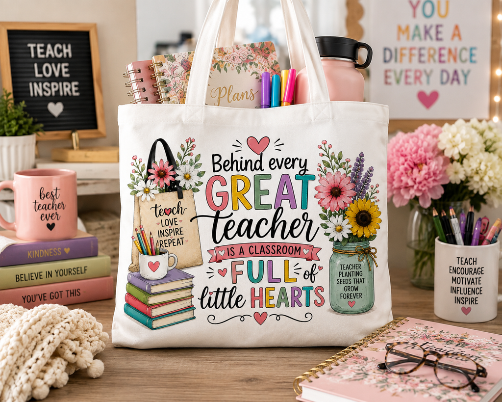 Behind Every Great Teacher tote bag in a teacher workspace lifestyle scene