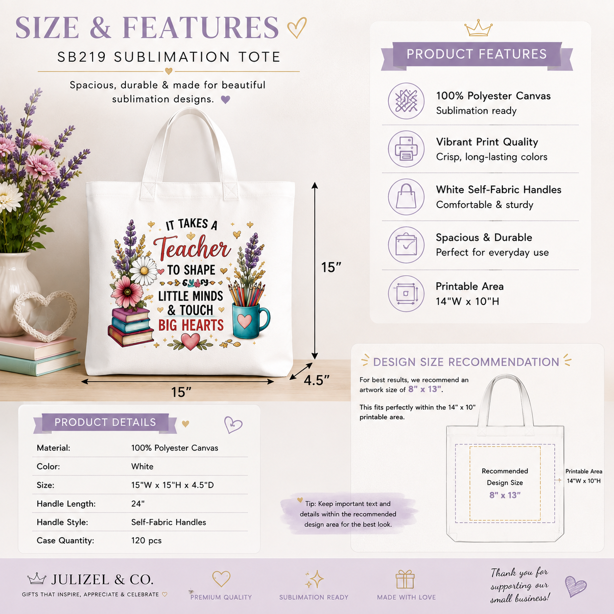 Teacher tote bag size and features infographic