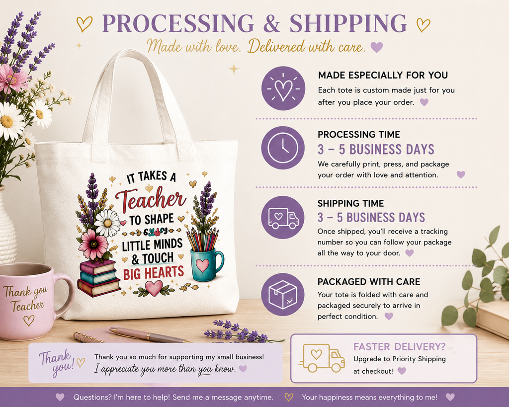 Processing and shipping information for made-to-order teacher tote