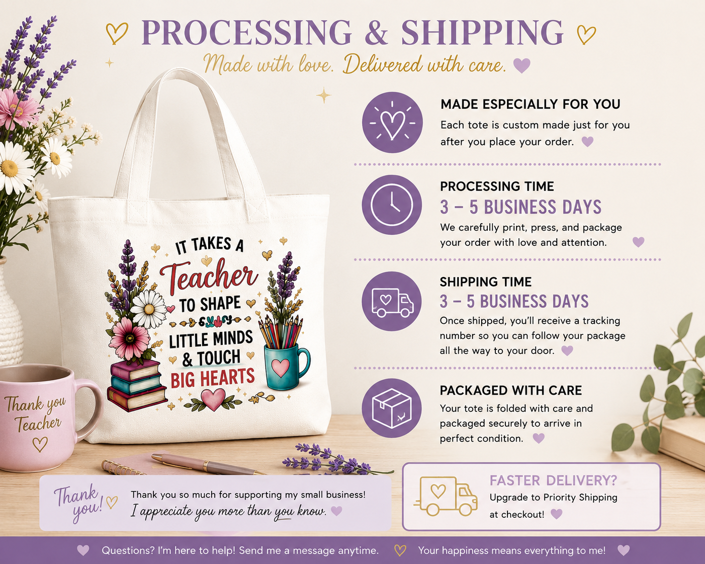 Processing and shipping information for made-to-order teacher tote