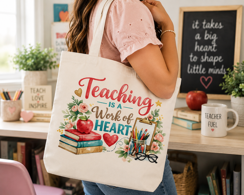 Teaching Is a Work of Heart teacher tote classroom lifestyle image