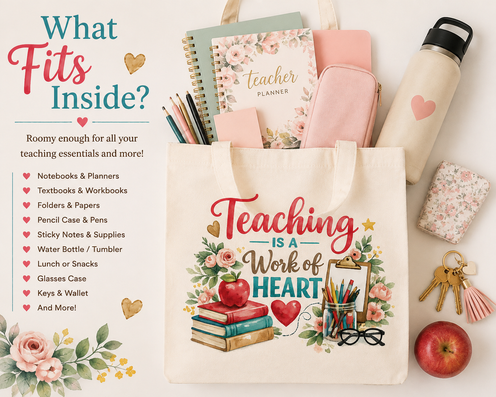 What fits inside the Teaching Is a Work of Heart teacher tote